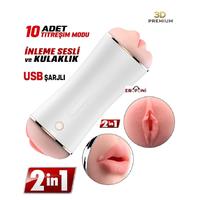 Erofoni BDM1548 İnleme Sesli ve 10 Mod Titreşimli 19.5 Cm Usb Şarjlı Yapay Realistik Suni Vajina ve Oral Ağız Çift Taraflı Mastürbatör