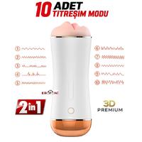 Erofoni BDM1548 İnleme Sesli ve 10 Mod Titreşimli 19.5 Cm Usb Şarjlı Yapay Realistik Suni Vajina ve Oral Ağız Çift Taraflı Mastürbatör