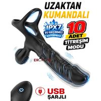 Erofoni N-101030 Uzaktan Kumandalı 10 Mod Titreşimli Penise Takmalı 19.5 Cm İlave Ek Usb Şarjlı Dildo Vibratör Penis