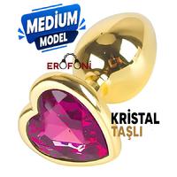Erofoni N-401010 Paslanmaz Çelik 8 CM Kristal Taşlı Gold Kalp Figürlü Medium Anal Açııcı Alıştırıcı Gevşetici Metal Plug