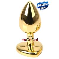 Erofoni N-401010 Paslanmaz Çelik 8 CM Kristal Taşlı Gold Kalp Figürlü Medium Anal Açııcı Alıştırıcı Gevşetici Metal Plug