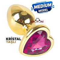 Erofoni N-401010 Paslanmaz Çelik 8 CM Kristal Taşlı Gold Kalp Figürlü Medium Anal Açııcı Alıştırıcı Gevşetici Metal Plug