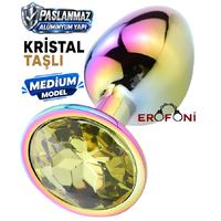 Erofoni N-401013 Paslanmaz Çelik 8 CM Kristal Taşlı Multicolor Çok Renkli Medium Anal Açııcı Alıştırıcı Gevşetici Metal Plug