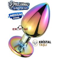 Erofoni N-401013 Paslanmaz Çelik 8 CM Kristal Taşlı Multicolor Çok Renkli Medium Anal Açııcı Alıştırıcı Gevşetici Metal Plug