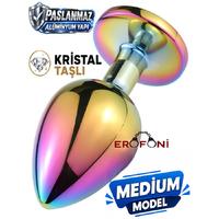 Erofoni N-401013 Paslanmaz Çelik 8 CM Kristal Taşlı Multicolor Çok Renkli Medium Anal Açııcı Alıştırıcı Gevşetici Metal Plug
