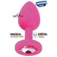 Erofoni N-401501 Medikal Silikon 8 Cm Kristal Taşlı Pink Medium Anal Açııcı Alıştırıcı Gevşetici Plug