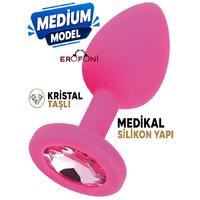 Erofoni N-401501 Medikal Silikon 8 Cm Kristal Taşlı Pink Medium Anal Açııcı Alıştırıcı Gevşetici Plug