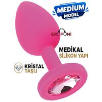 Erofoni N-401501 Medikal Silikon 8 Cm Kristal Taşlı Pink Medium Anal Açııcı Alıştırıcı Gevşetici Plug