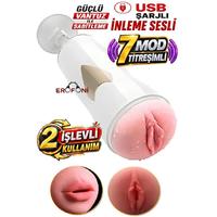 Erofoni N-FXKQ İnleme Sesli 7 Mod Titreşimli 2 İşlevli Vantuzlu 25 CM Usb Şarjlı Realistik Yapay Suni Vajina Ağız Mastürbatör
