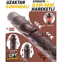 Erofoni S-185121-B Çift Katmanlı Isıtmalı ve Otomatik İleri Geri Hareketli 23 CM Kumandalı Titreşimli Vantuzlu Siyah Zenci Dildo Vibraör Penis