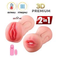Erofoni S-285351 Ultra Süper Realistik 2 İşlevli Titreşimli Isıtmalı 19 CM Yapay 2 in 1 Yapay Suni Vajina Oral Mastürbatör