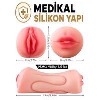 Erofoni S-285351 Ultra Süper Realistik 2 İşlevli Titreşimli Isıtmalı 19 CM Yapay 2 in 1 Yapay Suni Vajina Oral Mastürbatör