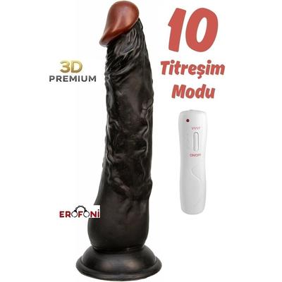 Erofoni S-3302-B Ultra 10 Mod Titreşimli Süper Realistik 22 CM Vantuzlu Su Geçirmez 3D Siyah Zenci Dildo Vibratör Penis