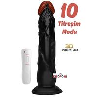 Erofoni S-3302-B Ultra 10 Mod Titreşimli Süper Realistik 22 CM Vantuzlu Su Geçirmez 3D Siyah Zenci Dildo Vibratör Penis