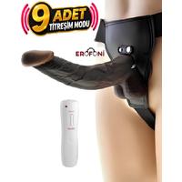 Erofoni S-3312-B-K605 Ultra Süper Realistik 9 Mod Titreşimli 22 CM Belden Bağlamalı Strapon Giyilebilir Siyah Zenci Takma Dildo Penis