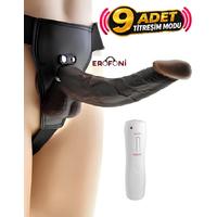 Erofoni S-3312-B-K605 Ultra Süper Realistik 9 Mod Titreşimli 22 CM Belden Bağlamalı Strapon Giyilebilir Siyah Zenci Takma Dildo Penis