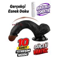 Erofoni S-3351-B Ultra 10 Mod Titreşimli 20 Cm Süper Realistik Su Geçirmez Vantuzlu Siyah Zenci Dildo Vibratör Penis
