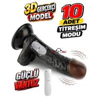 Erofoni S-3352-B Ultra 10 Mod Titreşimli 21 Cm Süper Realistik Su Geçirmez Vantuzlu Siyah Zenci Dildo Vibratör Penis
