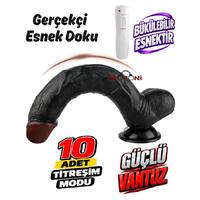 Erofoni S-3355-B Ultra 10 Mod Titreşimli 28 Cm Süper Realistik Su Geçirmez Vantuzlu Siyah Zenci Dildo Vibratör Penis