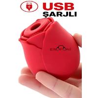 Erofoni T-168808 Usb Şarjlı Kırmızı Gül Tasarımlı Vakumlu Emiş ve Titreşim Özellikli Red Rose Vibratör