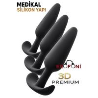 Erofoni T-731432 Medikal Silikon Süper Realistik 3 Adet Siyah Anal Açıcı Gevşetici Alıştırıcı Plug Seti