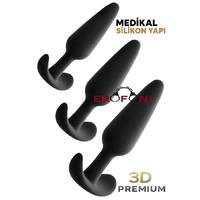 Erofoni T-731432 Medikal Silikon Süper Realistik 3 Adet Siyah Anal Açıcı Gevşetici Alıştırıcı Plug Seti