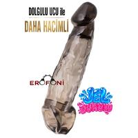 Erofoni T-748033 Jel Dokulu Ucu 5.5 Cm Dolgulu 19 Cm Testislere Geçirmeli Süper Realistik Siyah Uzatmalı Penis Kılıfı