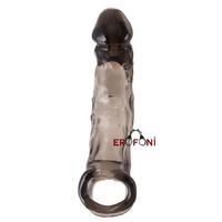 Erofoni T-748033 Jel Dokulu Ucu 5.5 Cm Dolgulu 19 Cm Testislere Geçirmeli Süper Realistik Siyah Uzatmalı Penis Kılıfı