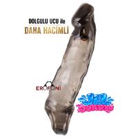 Erofoni T-748033 Jel Dokulu Ucu 5.5 Cm Dolgulu 19 Cm Testislere Geçirmeli Süper Realistik Siyah Uzatmalı Penis Kılıfı