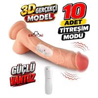 Erofoni Ultra 10 Mod Titreşimli 23 Cm Süper Realistik Su Geçirmez Vantuzlu Dildo Vibratör Penis