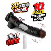 Erofoni Ultra 10 Mod Titreşimli 23 Cm Süper Realistik Su Geçirmez Vantuzlu Siyah Zenci Dildo Vibratör Penis