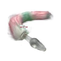 Erofoni LS-1169-TRANSPARENT Uzun 37 Cm Peluş Tüy Kuyruklu Şeffaf 11 Cm Kaliteli Kalın Cam Yapı Anal Açıcı Gevşetici Alıştırıcı Plug